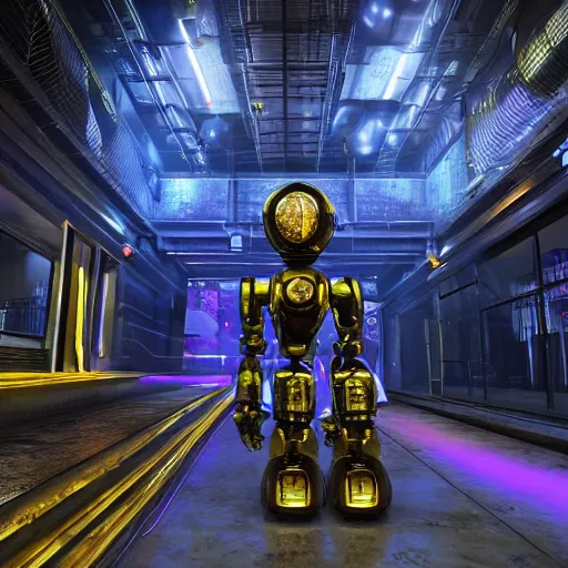 Prompt: on the wet concrete floor sits one sad golden and blue metal humanoid steampunk robots wearing and gears and tubes, eyes are glowing red lightbulbs, shiny crisp finish, 3 d render, 8 k, insaneley detailed, fluorescent colors, background is backdoor entrance to a futuristic nightclub, nightlight