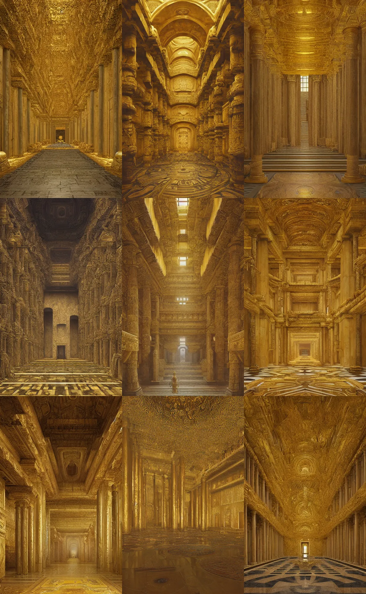 Prompt: vivid academic interior of intricate spacious golden and marble grand slaaneshite temple inspired by the most opulent temples of ancient Greece, photorealistic matte painting by Zdislaw Beksinski, Alex Gray, James Gurney, CGsociety, iridescent palette