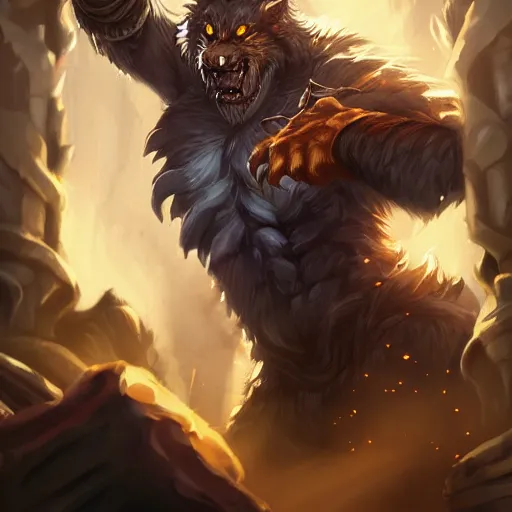 Image similar to portrait of werewolf using a burning laboratory, league of legends splash art, hearthstone splash art, full body shot, rule of thirds, ultrafine hyperrealistic detailed face, artgerm, greg rutkowski, trending on artstation, 8 k, intricately detailed, highly detailed