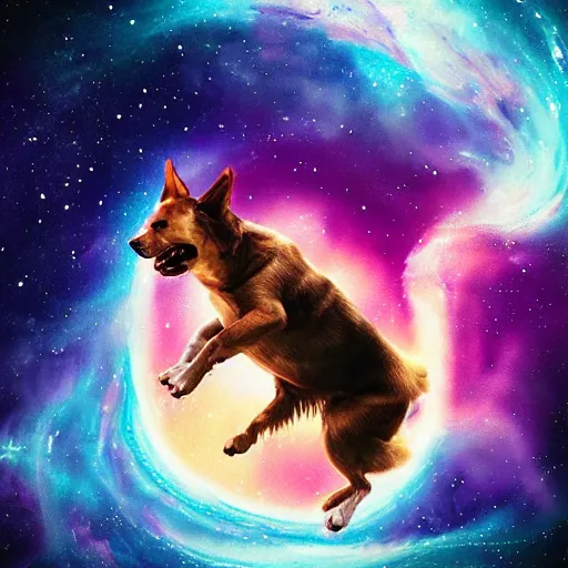 Image similar to digital painting of dog floating and pooping in space, nebula background, beautiful, hyper detailed