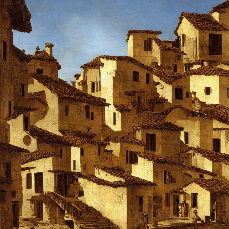 Prompt: a painting of ancient roman village houses by canaletto and caravaggio and aaron horkey, dramatic lighting, analogous complementary colour scheme, vivid colours