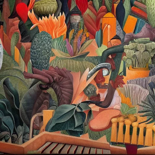 Image similar to high quality, high detail painting, dutch masterpiece, jim jarmusch, film noir, diego rivera, high garden scene with quetzalcoatl, hd, muted lighting