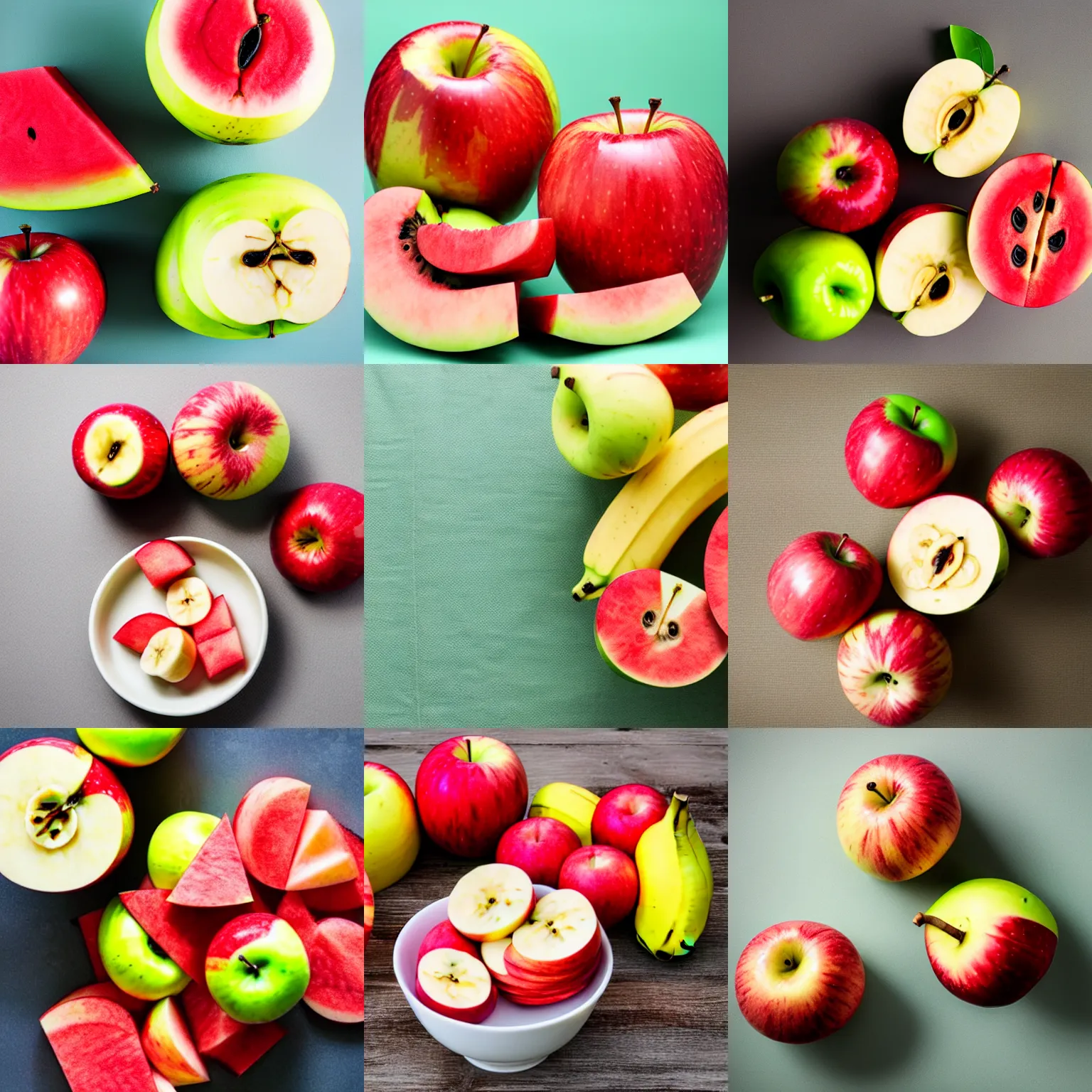 Prompt: combination of apple and banana and watermelon
