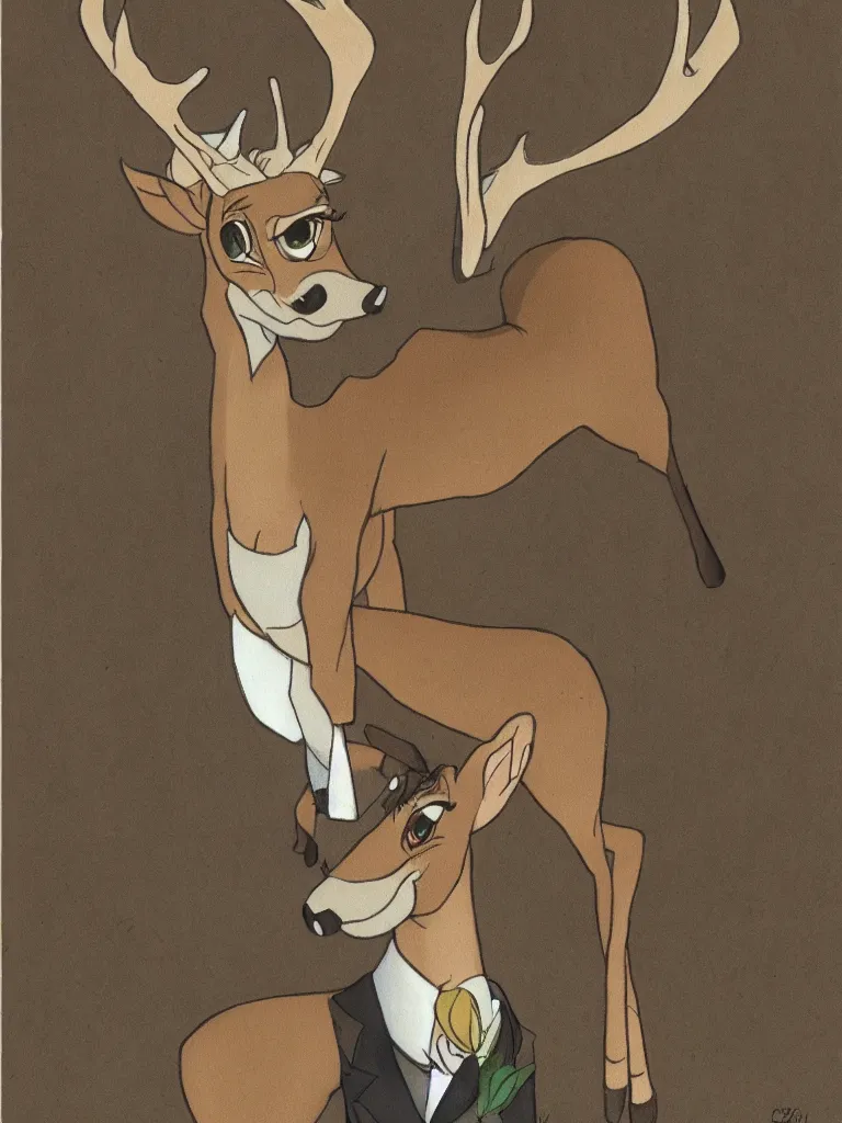 Image similar to a portrait of a male deer in suit, by Don Bluth