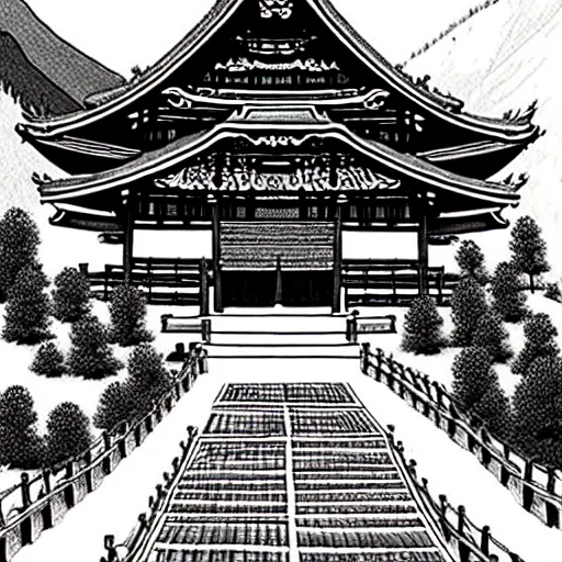 Prompt: zen temple on the mountain, ink