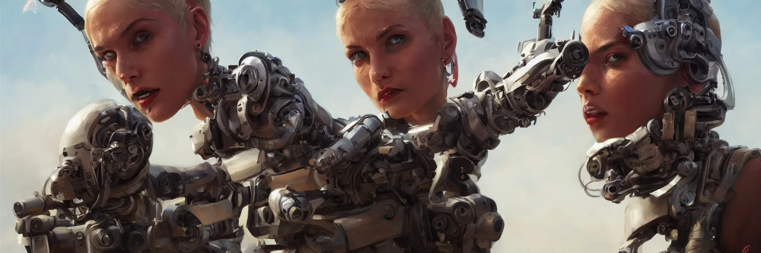 Image similar to tank girl, highly detailed, half human, half cyborg, power augmentation implants, high tech full body transmogrify, low camera angle, pov, beautiful, mesmerising, look of desire, loving stare, battle action shot, digital painting, trending on artstation, concept art, 4 k, sharp focus, illustration, art by greg rutkowski