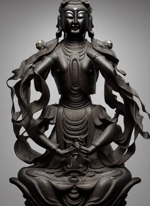 Image similar to a art deco sculpture statue of full body guanyin, intricate complexity,, statue by jane hamilton, ruan jia, character concept, radiant light,, frostbite 3 engine, cryengine, dof, trending on artstation, digital art, fantasy detailed abackground