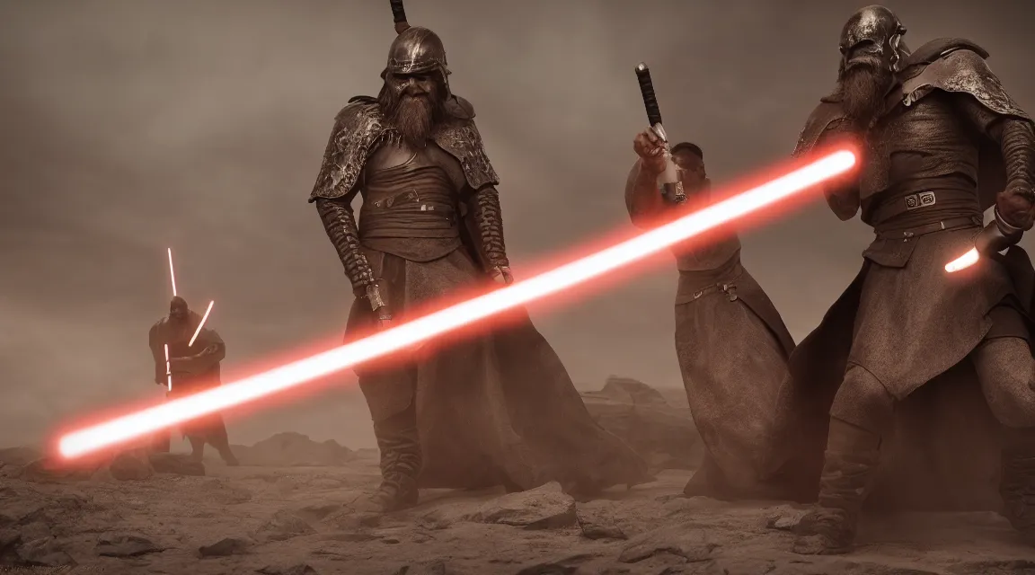 Image similar to Viking and sith wielding lightsabers background Canon, 100mm, octane render, photorealistic, detailed, cinematic, 8k no blur, volumetric lightning