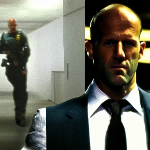 Prompt: film still of jason statham as cop in diehard movie, cinematic screen, middle shot