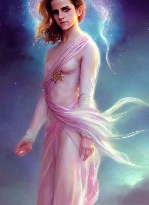 Prompt: emma watson as nature magic celestial, long hair, pink and white, transparent cloth, space, D&D, shiny background, intricate, elegant, highly detailed, digital painting, artstation, concept art, smooth, sharp focus, illustration, artgerm, bouguereau