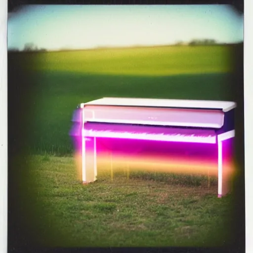 Prompt: a pastel coloured Polaroid photo of a cubic neon transparent perspex piano in a field, beams of light, nostalgic