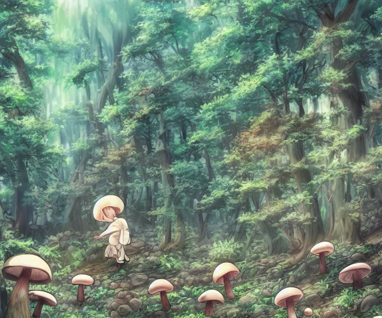 Image similar to mushroom in a forest, anime fantasy illustration by tomoyuki yamasaki, kyoto studio, madhouse, ufotable, comixwave films, trending on artstation