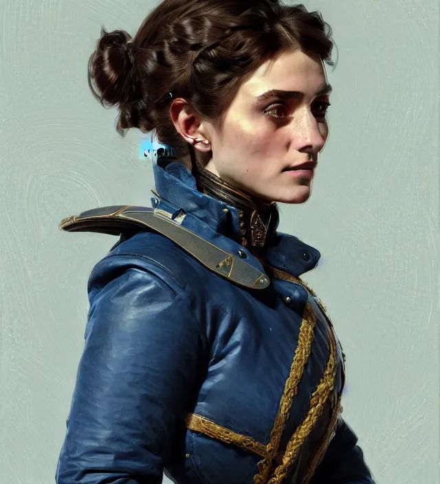 Prompt: portrait of a italian woman wearing a blue traditional nineteenth century military jacket, metal shoulder pauldrons, intricate, highly detailed, digital painting, artstation, concept art, sharp focus, cinematic lighting, illustration, art by artgerm and greg rutkowski, alphonse mucha, cgsociety