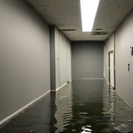 Image similar to backrooms office space, ominous lighting, moldy walls, shadowy tall figures wading in shallow water