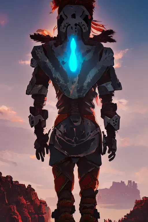 Image similar to combination suit armor aloy horizon forbidden west horizon zero dawn radiating a glowing aura global illumination ray tracing hdr fanart arstation by ian pesty and alena aenami artworks in 4 k tribal robot ninja mask helmet backpack