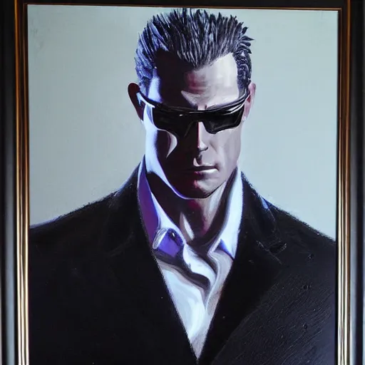 Image similar to Albert Wesker full body portrait, oil painting, surrounded by black tendrils