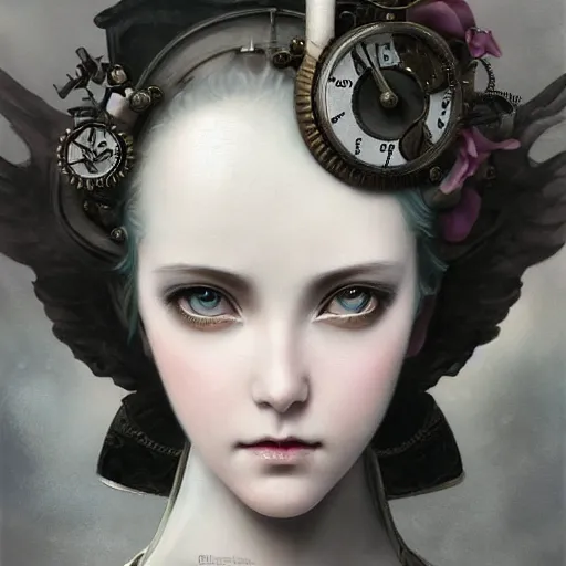 Prompt: By Tom Bagshaw, ultra realist soft painting of an attractive steampunk anime female porcelain miniature fully armored figurine with long hair floating, photorealistic eyes render looking at camera, curiosities carnival, symmetry accurate features, very intricate details, focus, dark fantasy background, black and white