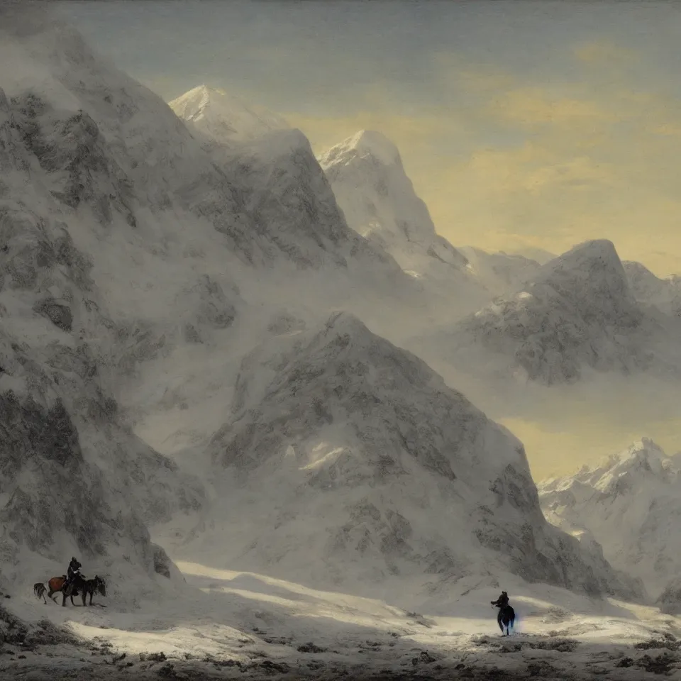 Prompt: figure on horseback in an icy landscape with snow covered mountains in the distance, Kristian Wåhlin,