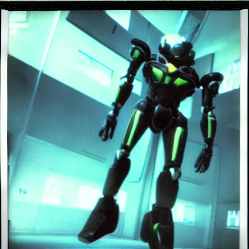 Prompt: an eerie polaroid of zone of the enders mech suit floating in an empty liminal space