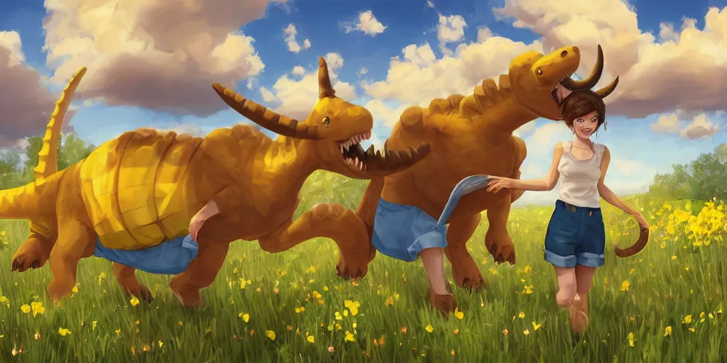 Prompt: “young woman with brown hair, floppy animal ears and short horns, a yellow t-shirt and blue overalls riding a dinosaur in a beautiful field, lo-fi digital art, beautiful composition, trending on artstation and deviantart, masterpiece”