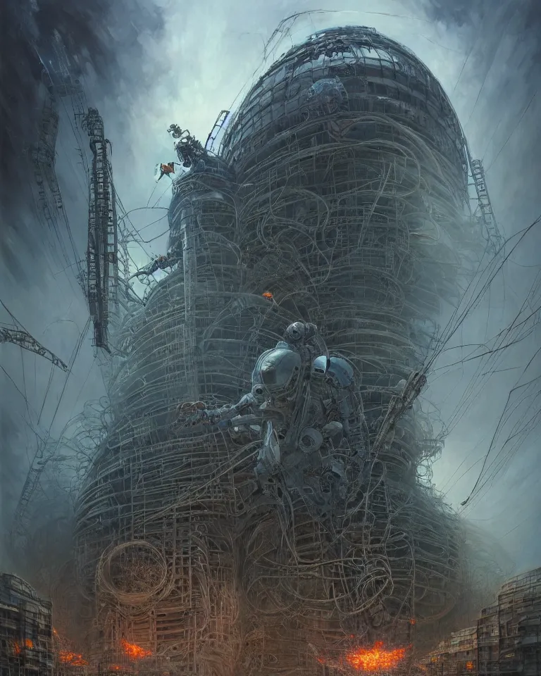 Image similar to low angle shot of a giant cyberpunk robot character in chernobyl, intricate, elegant, highly detailed, centered, digital painting, artstation, concept art, smooth, sharp focus, illustration, artgerm, tomasz alen kopera, peter mohrbacher, donato giancola, joseph christian leyendecker, wlop, boris vallejo