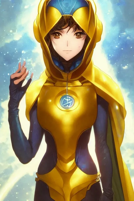 Image similar to anime key visual of a beautiful young female doctor fate!! intricate, cape, glowing, powers, dc comics, cinematic, stunning, highly detailed, digital painting, artstation, smooth, hard focus, illustration, art by artgerm and greg rutkowski and alphonse mucha