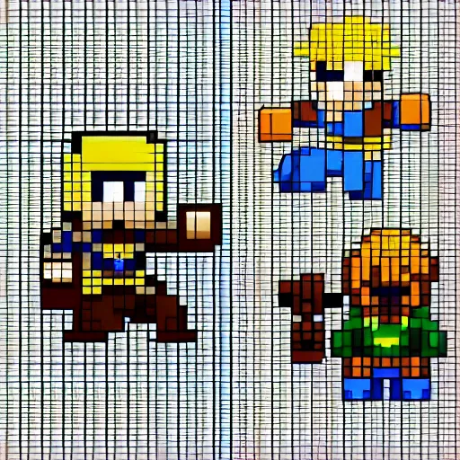 Prompt: pixelated dungeon adventure hero on clear background inspired by ragnarok online, 1 2 8 bit, 1 0 0 0 x 1 0 0 0 pixel art, 4 k, super detailed, nintendo game, pixelart, high quality, no blur, sharp geometrical squares, concept pixelart