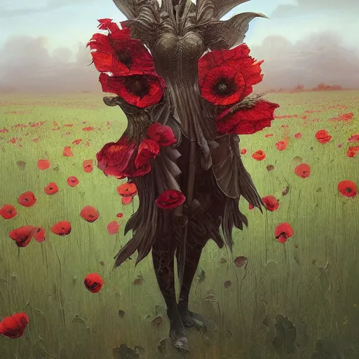 Prompt: a 3d matte painting of an mutant feathered critter in a field of poppies by gerald brom, ellen jewett, aly fell, dark academia, maroon highlights, gothic, neo-gothic