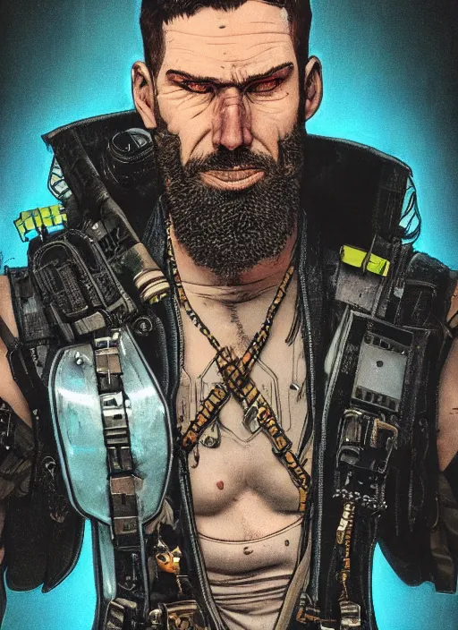 Image similar to menacing bearded cyberpunk mercenary in tactical harness and jumpsuit. dystopian. portrait by stonehouse and mœbius and will eisner and gil elvgren and pixar. realistic proportions. cyberpunk 2 0 7 7, apex, blade runner 2 0 4 9 concept art. cel shading. attractive face. thick lines.