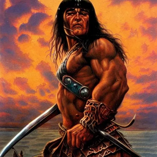 Prompt: full - shot conan the barbarian painting by earl norem “ no crop ”