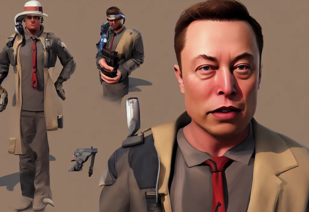 Image similar to elon musk in team fortress 2, elon musk in the video game team fortress, gameplay screenshot, close up, 3 d rendering. unreal engine. amazing likeness. very detailed.