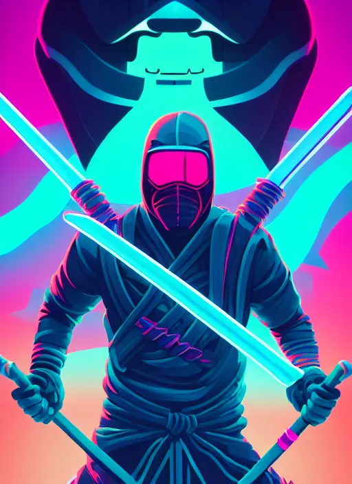 Prompt: neon ninja with glowing swords, cyan and magenta, sticker, thick outline, close up, wlop, dan mumford, artgerm, liam brazier, peter mohrbacher, 8 k, raw, featured in artstation, octane render, cinematic, elegant, intricate, 8 k