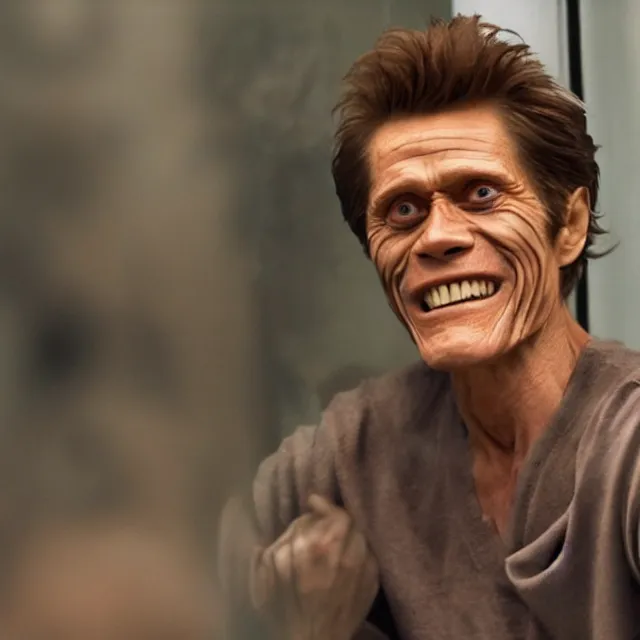 Prompt: willem dafoe staring at me through a window with a huge grin and a deranged look in his eyes