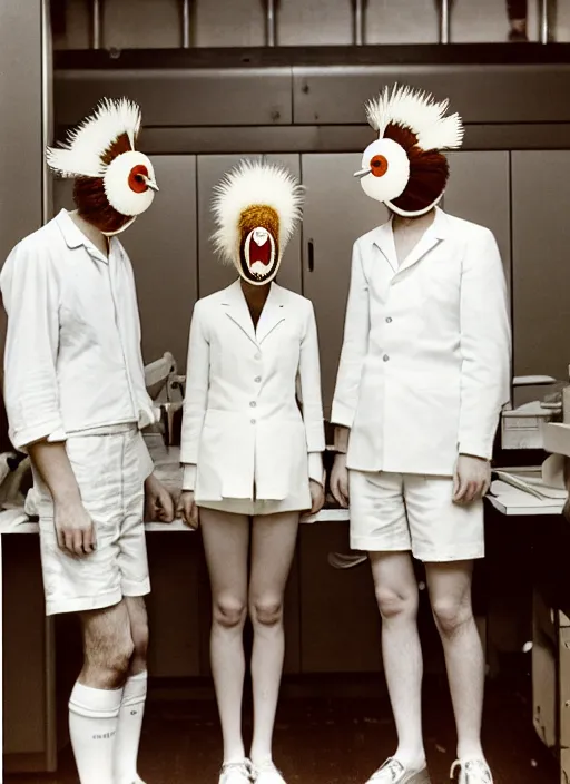 Prompt: realistic photo portrait of the university class dressed white shorts, dressed wearing bird helmet mask, beautiful symmetrical faces, standing in the wooden polished and fancy expensive wooden laboratory interior room 1 9 9 0, life magazine reportage photo