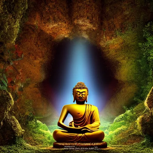 Prompt: a buddha meditating in a dreamy cave and overlooking a vast plain, mossy rocks, a sky full of stars background, 4 k, hyper realistic, in he style of national geographic, coherent design, symmetrical, vivid colour, complementary colour, golden ratio, detailed, sharp lines, intricate, rainbow shift, in unreal 3 d engine, ray tracing, octane render
