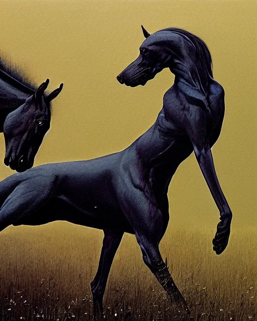 Image similar to painting of hybrid between black weimaraner & black stallion horse! & intercrossed animal, by zdzislaw beksinski, by mattias adolfsson, concept art, single object scene, beautiful composition, 8 k, wide angle shot, depth of view,