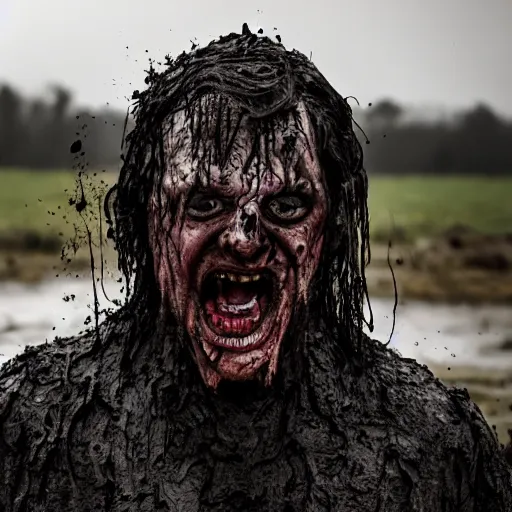 Prompt: 8 k photo of a horror villain stuck in mud, he is sad that his dark clothes are muddy.