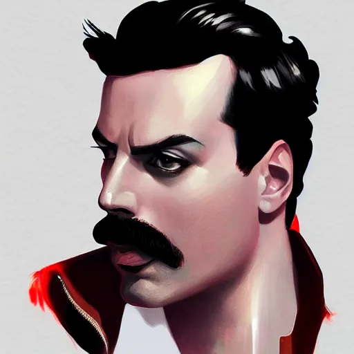 Image similar to portrait of freddie mercury in team fortress 2 style, tragic, elegant, fantasy, hd shot, digital portrait, beautiful, artstation, comic style, by artgerm, guy denning, jakub rozalski, magali villeneuve and charlie bowater