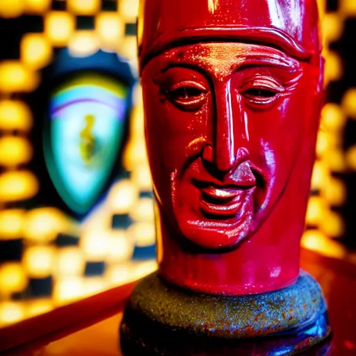 Prompt: a closeup photorealistic photograph of a glossy ferrari themed tiki mug at at a trader vic's bar featuring the face of young enzo ferrari. party. tiki theme. bright scene. fine detail. this 4 k hd image is trending on artstation, featured on behance, well - rendered, extra crisp, features intricate detail, epic composition and the style of unreal engine.