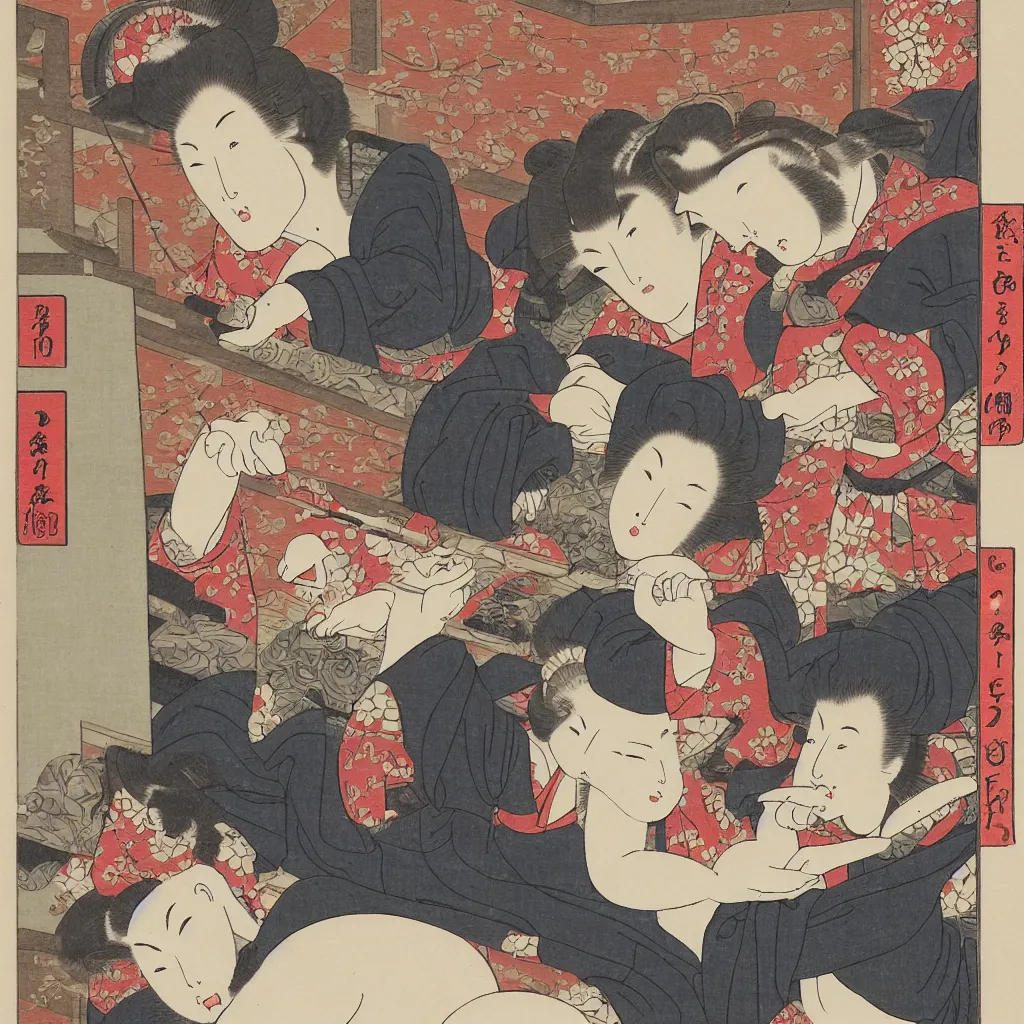 Prompt: Ukiyo-e style picture of two sisters making candles in the balcony. A small white dog is sitting besides them. Highly Detailed. Happy. Joyous. Satisfying. Celestial.