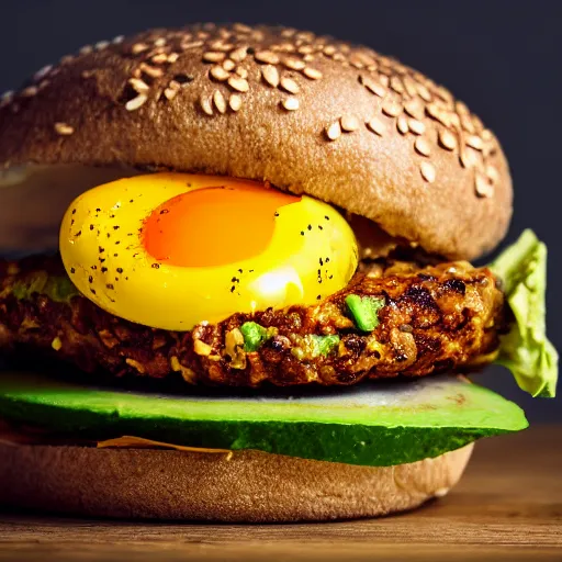 Image similar to juicy vegan hamburger topped with avocado and onion and a vegan fried egg, crispy buns, 8 k resolution, professional food photography, studio lighting, sharp focus, hyper - detailed