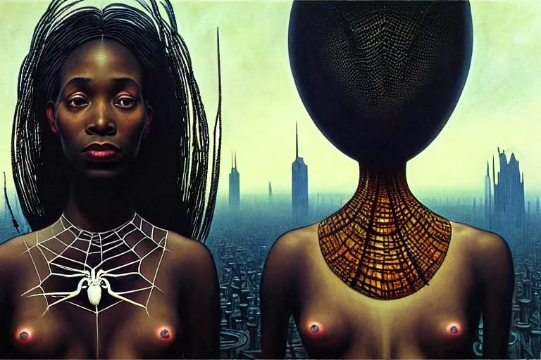 Image similar to realistic detailed portrait movie shot of a beautiful black woman with a giant spider, dystopian city landscape background by denis villeneuve, amano, yves tanguy, alphonse mucha, max ernst, kehinde wiley, jean delville, david lynch, roger dean, cyber necklace, rich moody colours, sci fi patterns, dramatic, wide angle