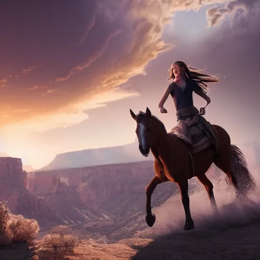 Image similar to spirit, the brown wild horse with white pastern flexion from the spirit movie, with the young girl lucky on his back galloping next to a canyon into the sunset, movie poster, intricate detail, 8 k, trending on artstation, octane render