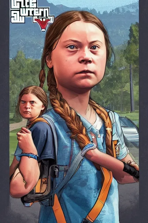 Image similar to greta thunberg in gta v, cover art by stephen bliss, artstation