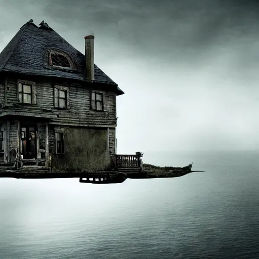 Prompt: house at the edge of the world, hyperdetailed, photorealistic, moody, surreal, creepy, atmospheric, old, run down