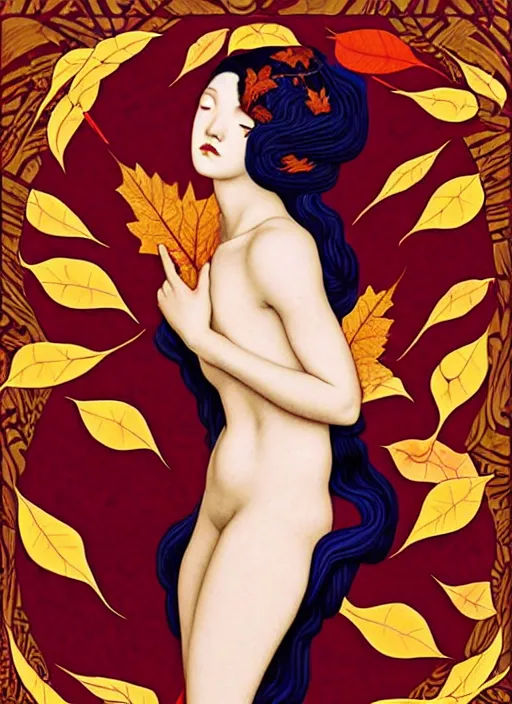 Image similar to 3 Autumn Muses symbolically representing September, October, and November, in a style blending Æon Flux, Peter Chung, Shepard Fairey, Botticelli, Ivan Bolivian, and John Singer Sargent, inspired by pre-raphaelite paintings, shoujo manga, and cool Japanese street fashion, dramatic autumn landscape, leaves falling, deep red gold and royal purple high contrast tones, hyper detailed, super fine inking lines, ethereal and otherworldly, 4K extremely photorealistic, Arnold render