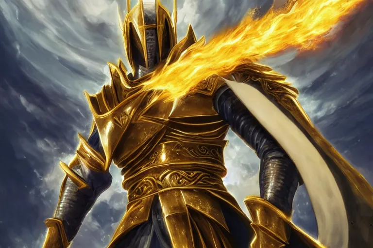 Image similar to an ultra detailed portrait of saladin as a shonen anime protagonist charging into battle wearing bright gold armor and huge flaming longsword blessed by god, epic anime fantasy, 8 k, volumetric lighting, smooth, highly detailed, digital illustration, art by kentaro miura and akira toriyama and albert bierstadt and greg rutkowsi, artstation