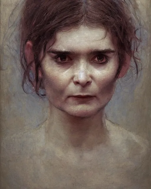 Prompt: a beautiful but sinister woman who looks like a young shirley henderson in layers of fear, with haunted eyes and crazy hair, 1 9 7 0 s, seventies, delicate embellishments, a little blood, crimson, painterly, offset printing technique, by jules bastien - lepage