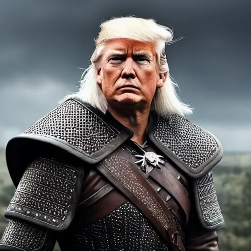 Prompt: donald trump as geralt of rivia from the witcher movie, dramatic film still, details, sigma 7 5 mm, 4 k