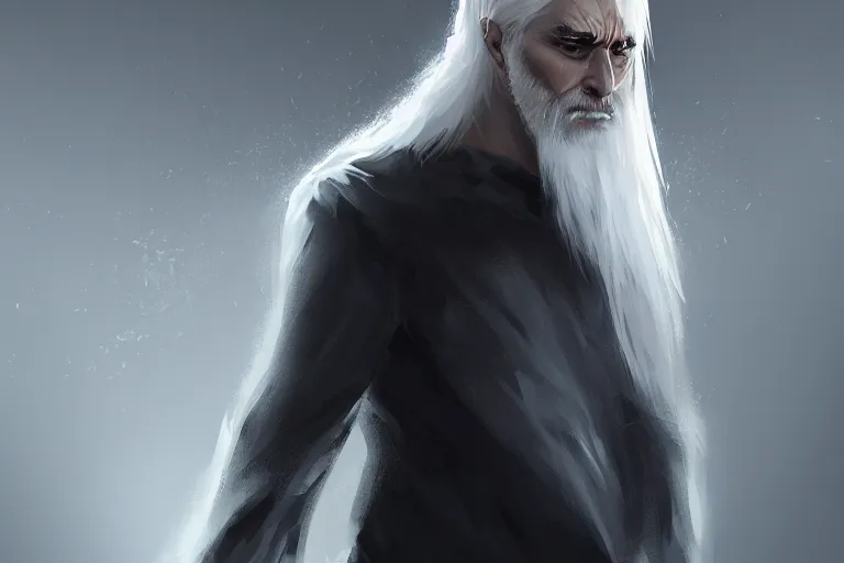 Prompt: « man, white hair, eyes as a flame of fire and out of his mouth came a sharp two - edged sword, grim - lighting, high - contrast, intricate, elegant, highly detailed, digital painting, artstation, concept art, smooth, sharp focus, illustration »